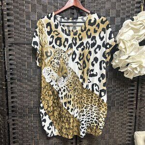 Blossom by P Vintage Womens Jeweled Tiger Print Tunic Top Size 1X